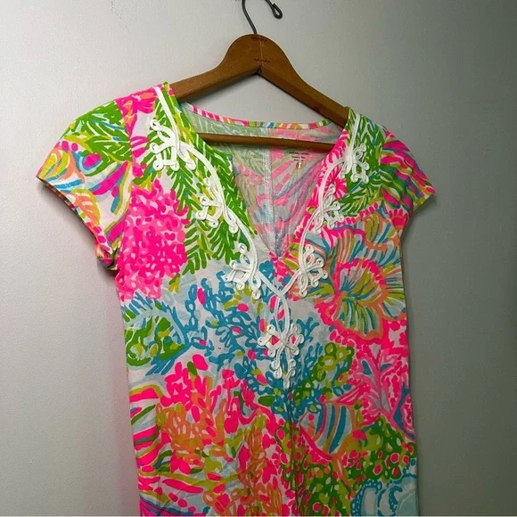 Lily Pulitzer Brewster Dress Coastal Neon Pink Green Sea Pattern Cotton Size XS - Picture 4 of 15